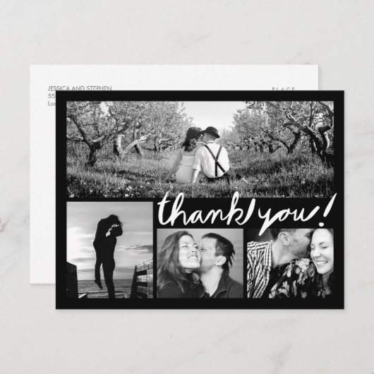 手書き4フォトコラージュありがとう黒はがき ポストカード (正面/裏面)