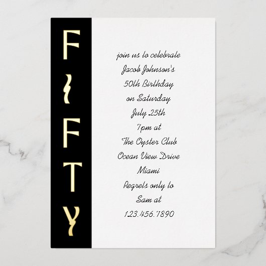 手書き50番目の誕生日白黒と金ゴールド 箔招待状 (正面)