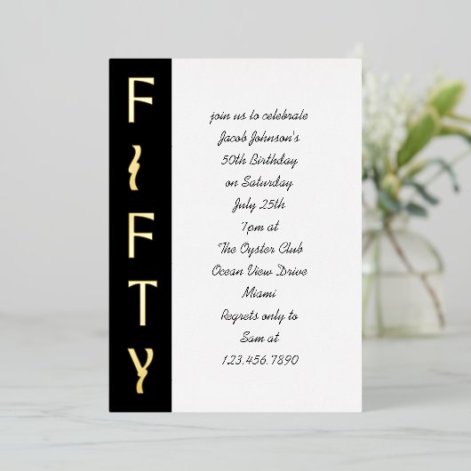 手書き50番目の誕生日白黒と金ゴールド 箔招待状 (立ち正面)