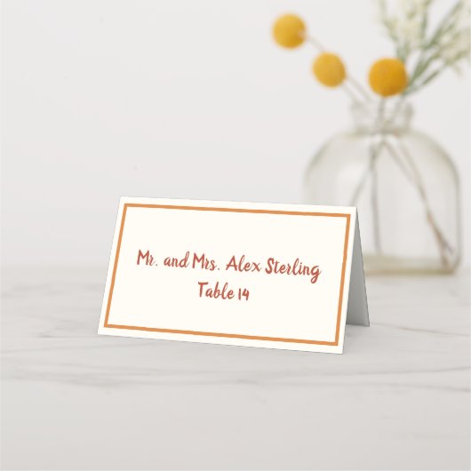 手書き70s焼けはっきりしたオレンジ縁ど結婚ズ プレイスカード (正面)