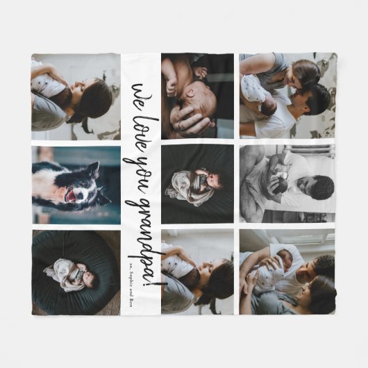 手書き 愛してる おじいちゃん 9枚の写真 フリースブランケット (正面(横))