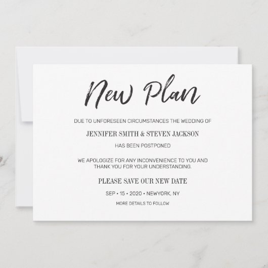 手書き「新しい計画」延期された結婚式 招待状 (正面)