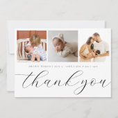 手書エレガントきスクリプト3フォト新生児 サンキューカード (正面)