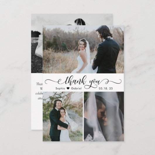 手書エレガントきスクリプ結婚トの写真コラージュ サンキューカード (正面/裏面)