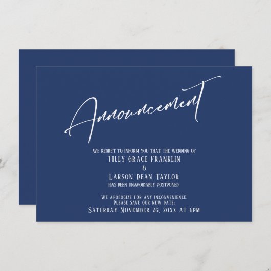 手書エレガントき海軍延期のお知らせ 招待状 (正面/裏面)