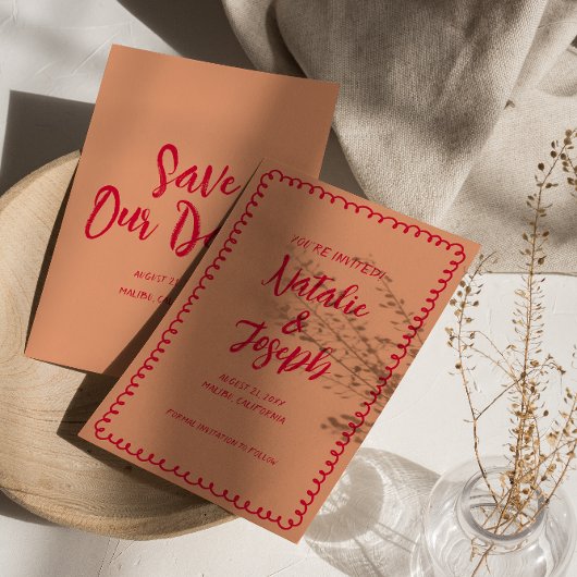 手書カラフル結婚ユニークファンキーレトロ セーブザデート