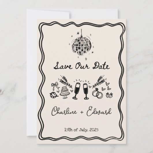 手書ファンキーき波状縁どディスコ日付の保存 招待状 (正面)