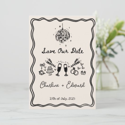 手書ファンキーき波状縁どディスコ日付の保存 招待状 (スタンド正面)