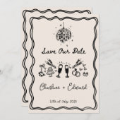 手書ファンキーき波状縁どディスコ日付の保存 招待状 (正面/裏面)