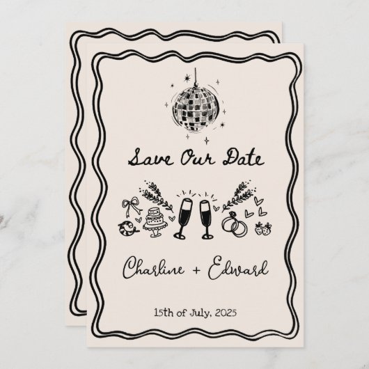 手書ファンキーき波状縁どディスコ日付の保存 招待状 (正面/裏面)