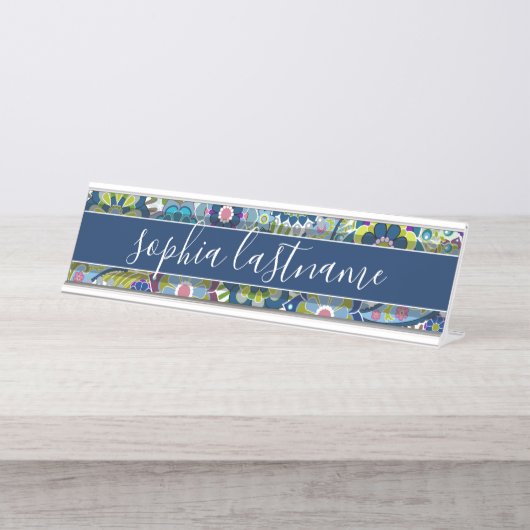 手書ファンキーき署名入り花柄 デスクネームプレート (正面)