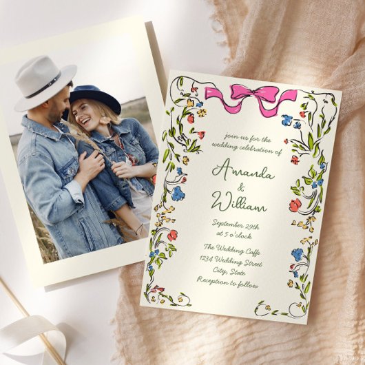 手書ファンキーき落書きレトロ結婚の写真 招待状