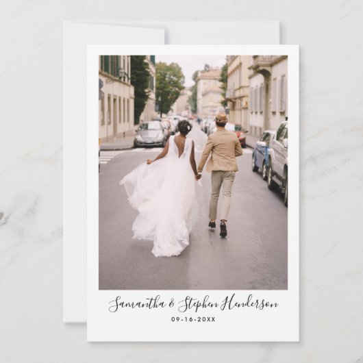 手書モダンきスクリプトと4枚の結婚写真 サンキューカード (正面)