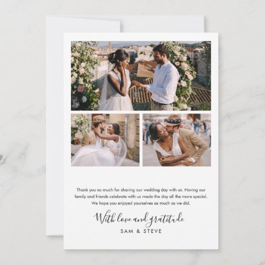 手書モダンきスクリプトと4枚の結婚写真 サンキューカード (裏面)
