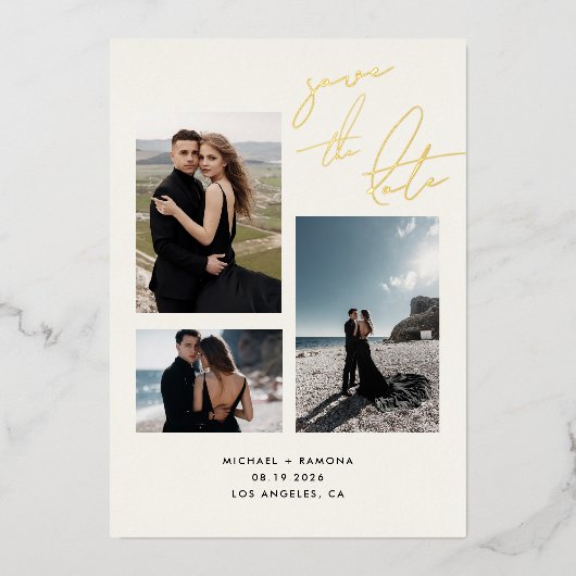 手書モダンきスクリプトの3枚の写真救の日付 箔招待状 (正面)