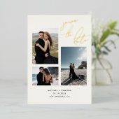 手書モダンきスクリプトの3枚の写真救の日付 箔招待状 (立ち正面)