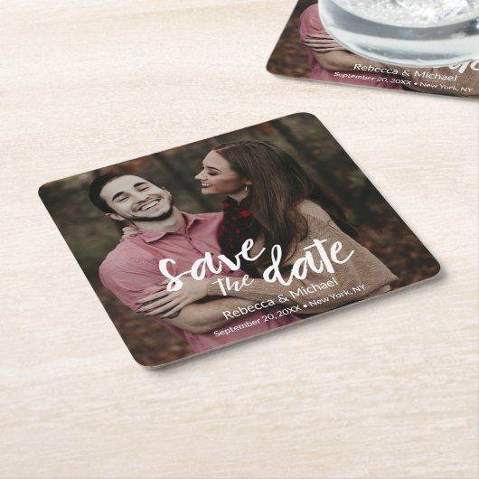 手書モダンきスタイリッシュ日付の保存結婚方法 スクエアペーパーコースター (アングル)