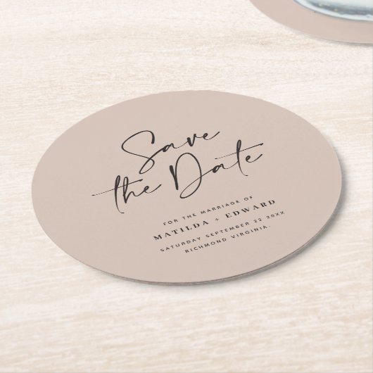 手書モダンきタイポグラフィ結婚発表 ラウンドペーパーコースター (アングル)