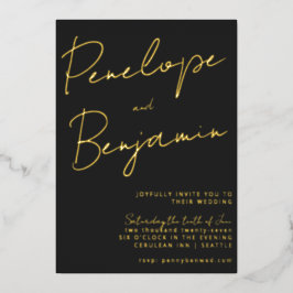 手書モダンき文字の黒と金ゴールドのスクリプ結婚ト 箔招待状