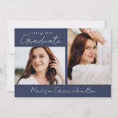 手書モダンき脚本ネイビー3写真卒業 案内状 (正面)