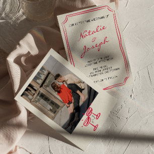 手書描お洒落レトロ写真結婚の 招待状