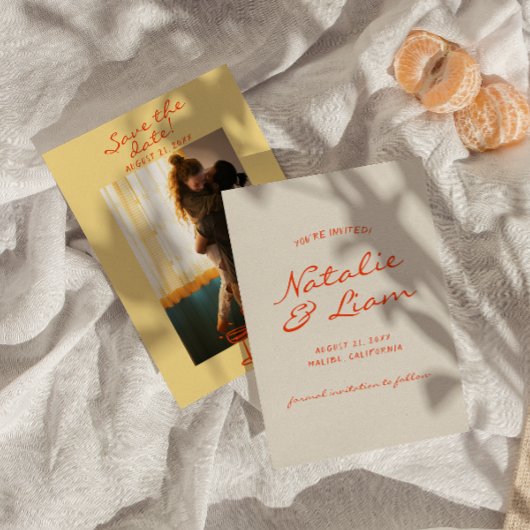 手書描カラフルレトロ写真結婚の セーブザデート