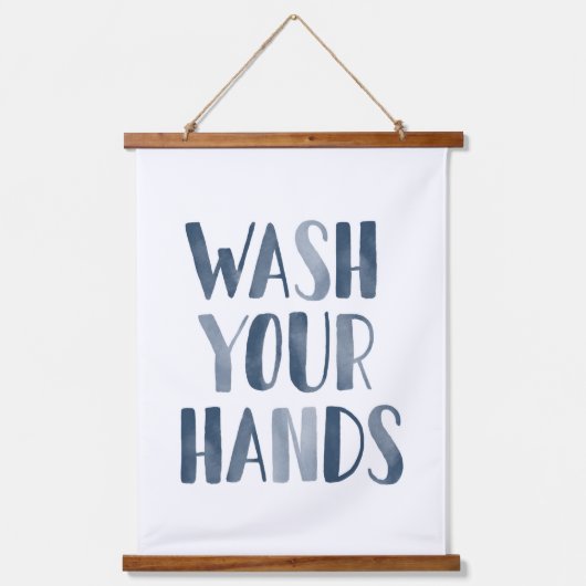 手洗いネイビーブルーキッズバスルーム 吊り下げ型タペストリー (正面)