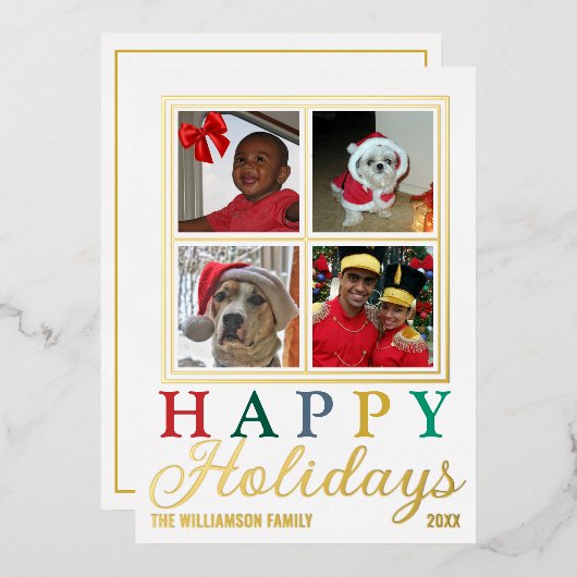 手紙カラフル4写真シックなハッピーホリデー金ゴールド 箔シーズンカード (正面/裏面)