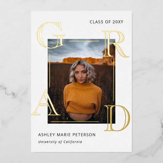 手紙モダン卒業金ゴールド写真卒業 箔招待状 (正面)