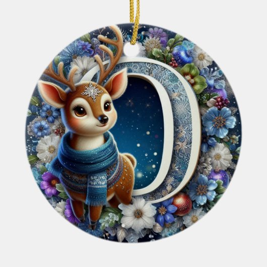 手紙ユニークO、トナカイ、クリスマス セラミックオーナメント (正面)