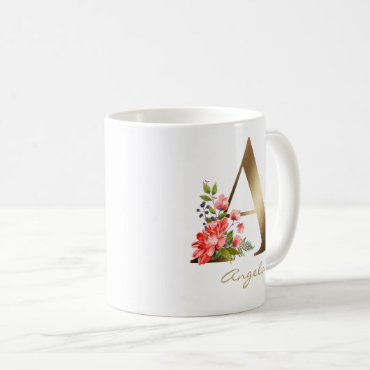 手紙 | 金フェイク箔モノグラムフローラ コーヒーマグカップ (正面右)