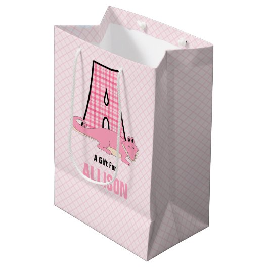 手紙Aの女の子カスタムのためのピンクのワニ ミディアムペーパーバッグ (正面アングル)