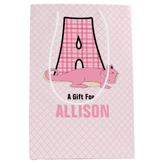 手紙Aの女の子カスタムのためのピンクのワニ ミディアムペーパーバッグ (正面)