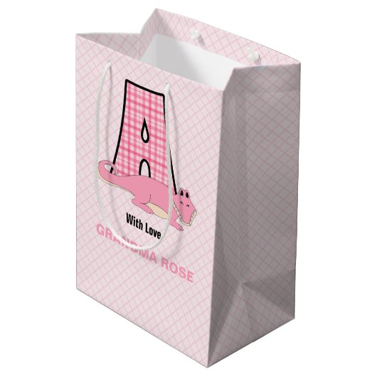 手紙Aの女の子カスタムのためのピンクのワニ ミディアムペーパーバッグ (裏面アングル)