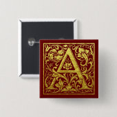 手紙Aの最初の文字フェイク金ゴールドと赤 缶バッジ (正面&裏面)