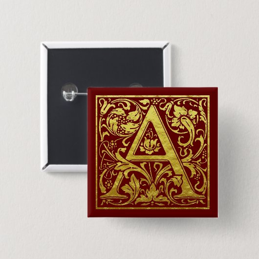 手紙Aの最初の文字フェイク金ゴールドと赤 缶バッジ (正面&裏面)