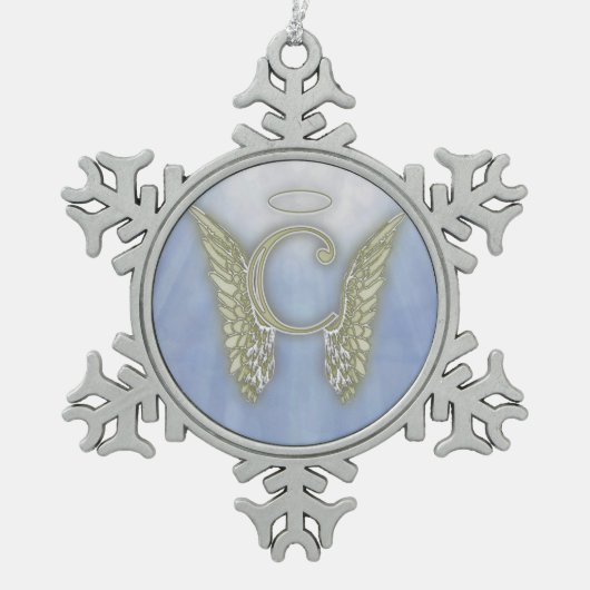 手紙Cの天使のモノグラム スノーフレークピューターオーナメント (正面)