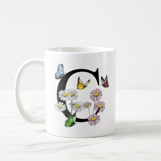 手紙C植物水色バタフライモノグラム コーヒーマグカップ (左)