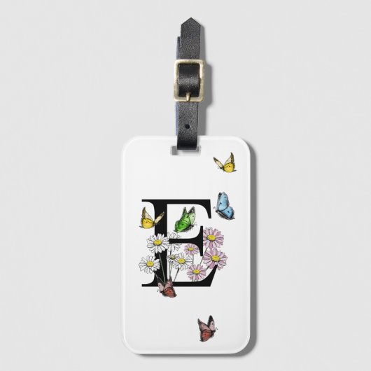 手紙Eフローラバタフライモノグラムイニシャル ラゲッジタグ (正面縦)