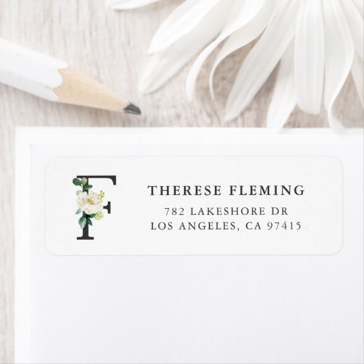 手紙Fのモノグラムの水彩画の花模様および緑の草木 ラベル (インサイチュ)