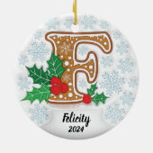 手紙F名前をカスタムするクリスマス セラミックオーナメント (裏面)