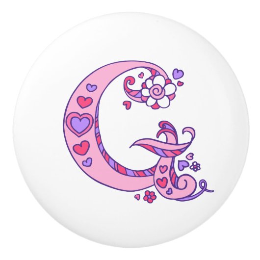 手紙Gモノグラム花とハートのアートプル セラミックノブ (正面)