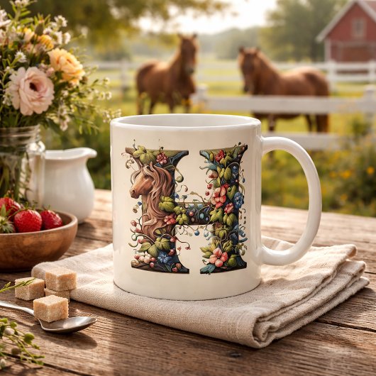 手紙H馬と花のつる植物 コーヒーマグカップ