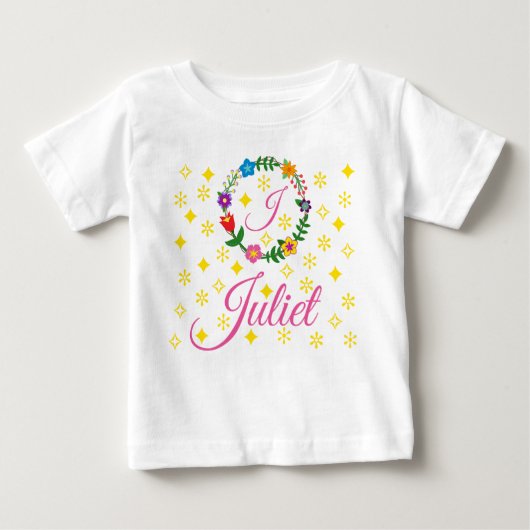 手紙J,ジュリエット,ティー,花と星 ベビーTシャツ (正面)