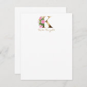 手紙Kエレガントピンクローズ金ゴールドモノグラム ノートカード (正面/裏面)