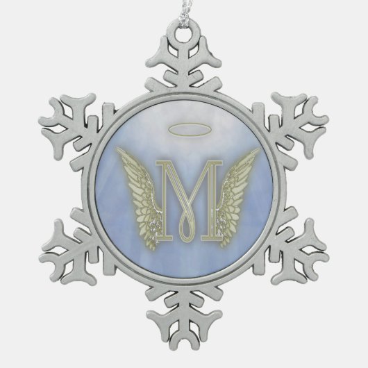 手紙Mの天使のモノグラム スノーフレークピューターオーナメント (正面)