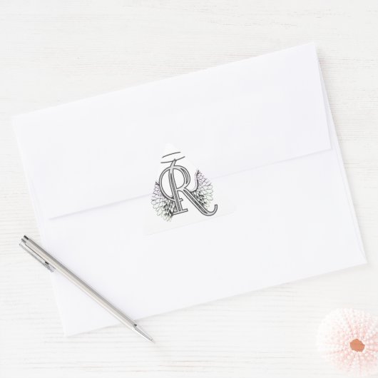 手紙Rイニシャルモノグラムとエンジェルウィングス&ハロー 三角形シール (封筒)