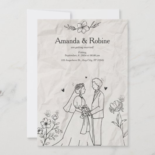 手素朴引き結婚式招待状 招待状 (正面)