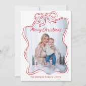 手素朴引き赤い弓フォトクリスマスカード サンキューカード (正面)