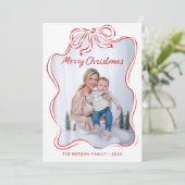 手素朴引き赤い弓フォトクリスマスカード サンキューカード (スタンド正面)